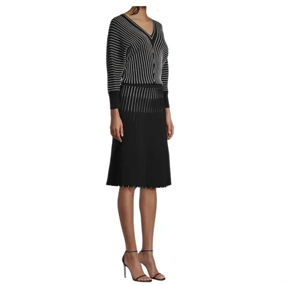 Hugo Boss Black Striped V Neck Sweater Knit  Knee Length Dress SZ XL NWT - Picture 3 of 11